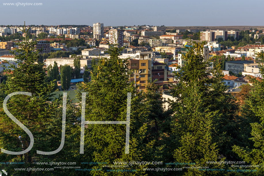 Amazing sunset panorama of City of Haskovo from Monument of Virgin Mary, Bulgaria