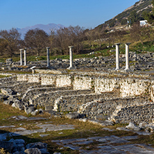 Panorama with Columns in the archeological area of ancient Philippi, Eastern Macedonia and Thrace, Greece