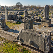 Panorama and Remainings of columns in the archeological area of Philippi, Eastern Macedonia and Thrace, Greece