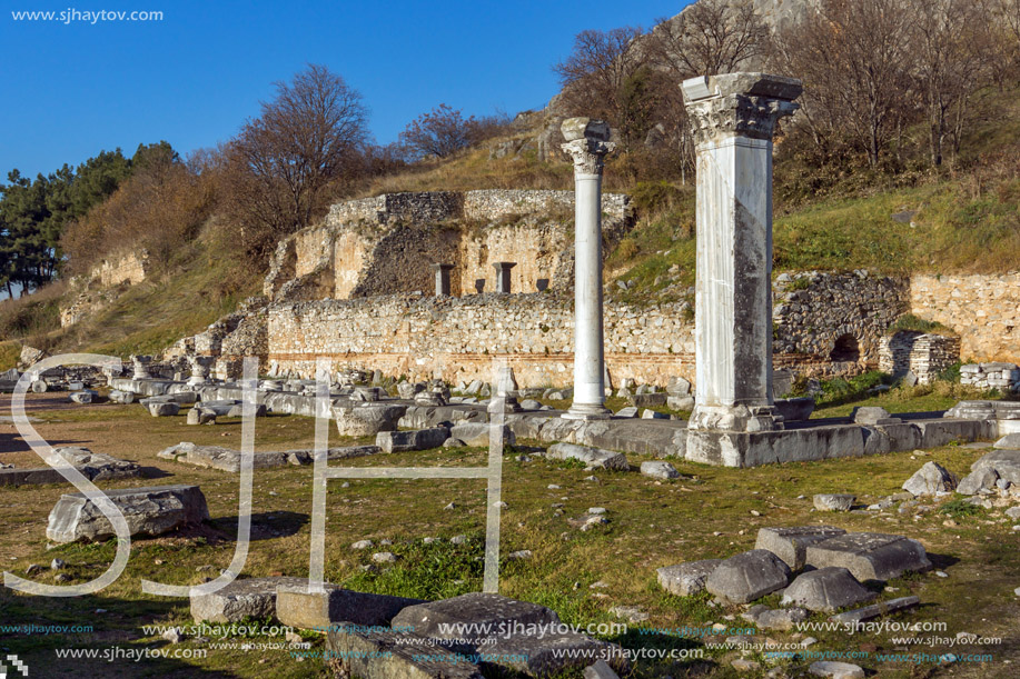 Ancient columns in the archeological area of Philippi, Eastern Macedonia and Thrace, Greece