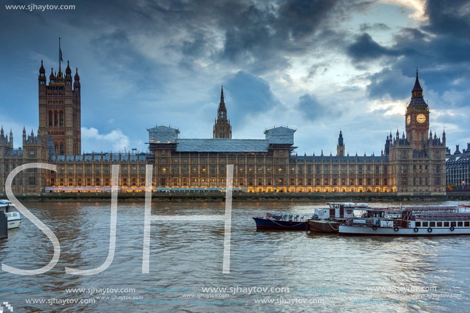 LONDON, ENGLAND - JUNE 16 2016: Sunset view of Houses of Parliament, Westminster palace, London, England, Great Britain