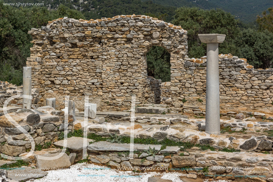Columns in Ruins of ancient church in Archaeological site of Aliki, Thassos island,  East Macedonia and Thrace, Greece