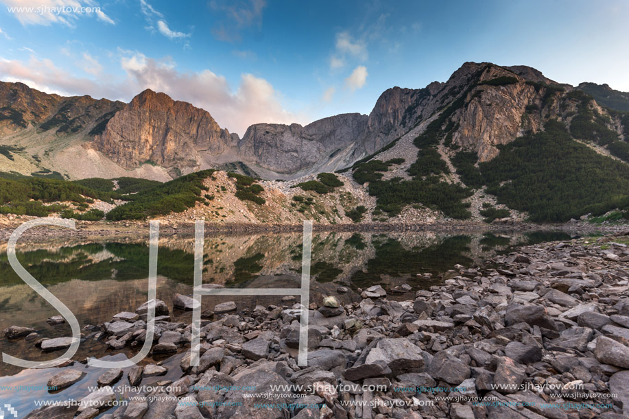 Sunset panorama of Sinanitsa peak and  the lake, Pirin Mountain, Bulgaria