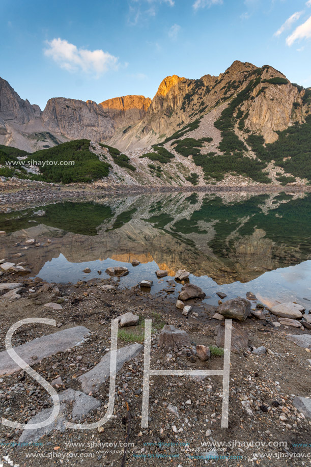 Sunrise view of Sinanitsa peak and  the lake, Pirin Mountain, Bulgaria