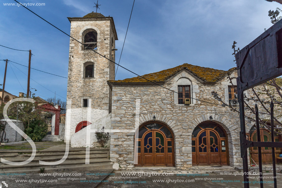 Bell Tower of Orthodox church with stone roof in village of Theologos,Thassos island, East Macedonia and Thrace, Greece