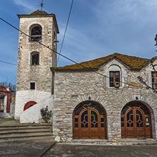 Bell Tower of Orthodox church with stone roof in village of Theologos,Thassos island, East Macedonia and Thrace, Greece