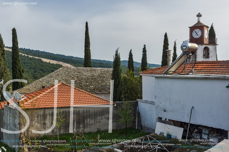 Bell Tower of Orthodox church with stone roof in village of Theologos,Thassos island, East Macedonia and Thrace, Greece