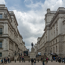 LONDON, ENGLAND - JUNE 17 2016: Churchill War Rooms and Robert Clive Memorial seen from King Charles street in London, England, Great Britain