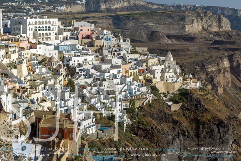 Panoramic view to town of Fira, Santorini island, Thira, Cyclades, Greece