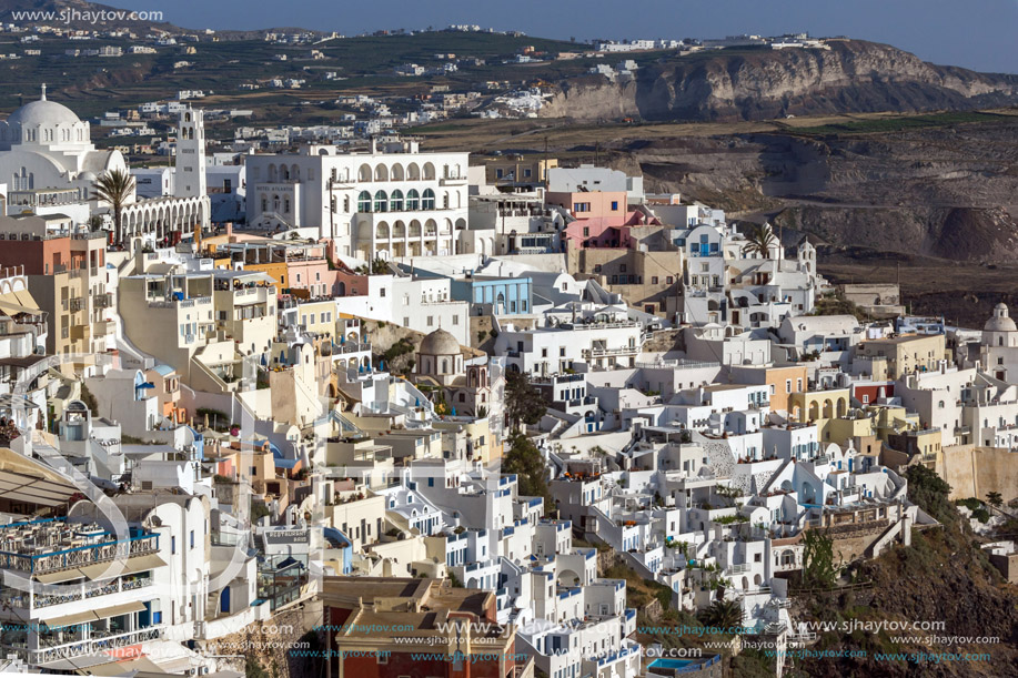 Amazing panorama to town of Fira and Prophet Elias peak, Santorini island, Thira, Cyclades, Greece