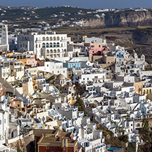 Amazing panorama to town of Fira and Prophet Elias peak, Santorini island, Thira, Cyclades, Greece