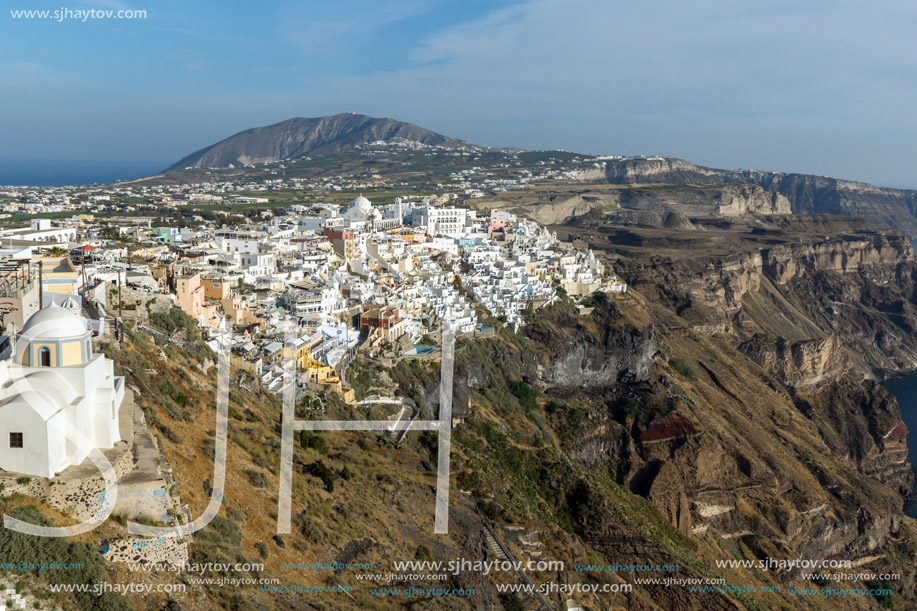 Panoramic view  to Oia town from the sea, Santorini island, Cyclades, Greece