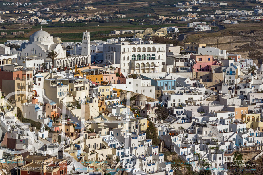 Panoramic view to town of Fira, Santorini island, Thira, Cyclades, Greece