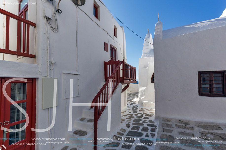 White houses in Little Venice at Mykonos, Cyclades Islands, Greece