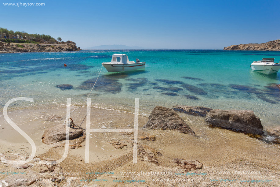 Clean Waters of Paranga Beach on the island of Mykonos, Cyclades, Greece