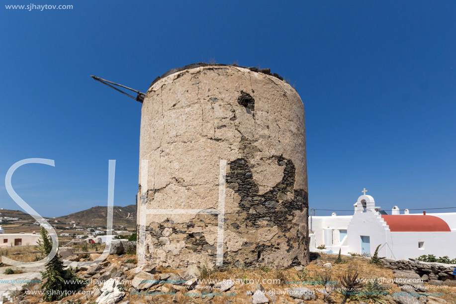 Ruins of windmill in Town of Ano Mera, island of Mykonos, Cyclades, Greece