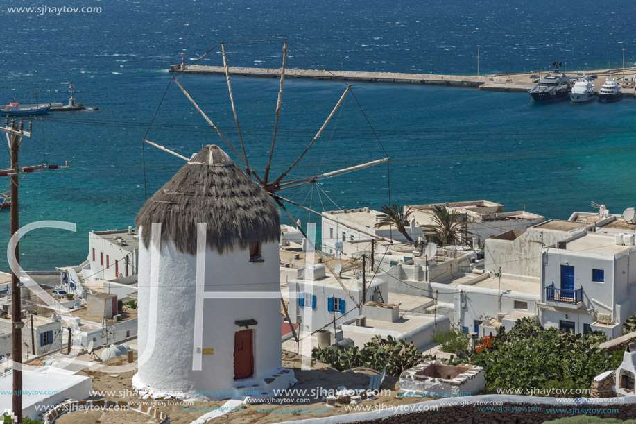 Panoramic view of Aegean sea and island of Mykonos, Cyclades, Greece