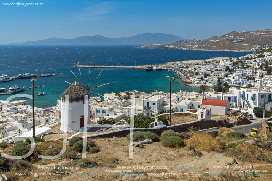 Panoramic view of white windmill and island of Mykonos, Cyclades, Greece