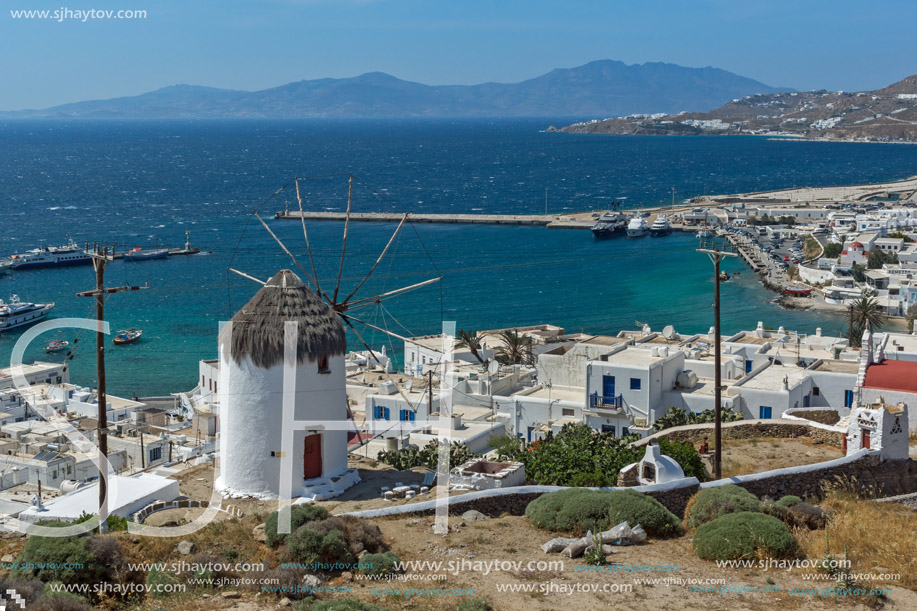 Amazing Panorama of white windmill and island of Mykonos, Cyclades, Greece