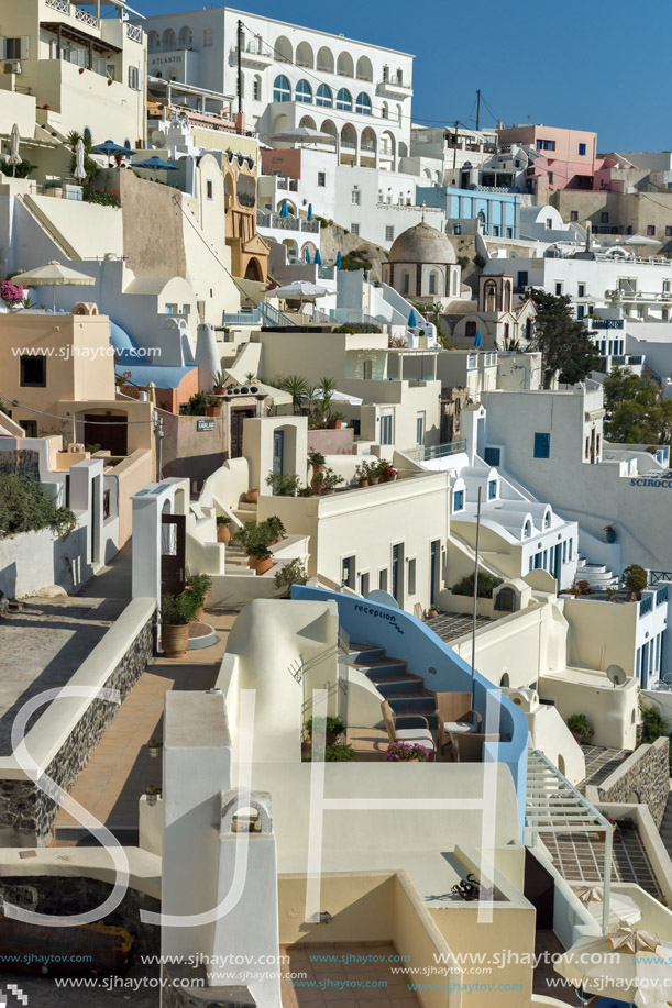 Panoramic view to town of Fira, Santorini island, Thira, Cyclades, Greece