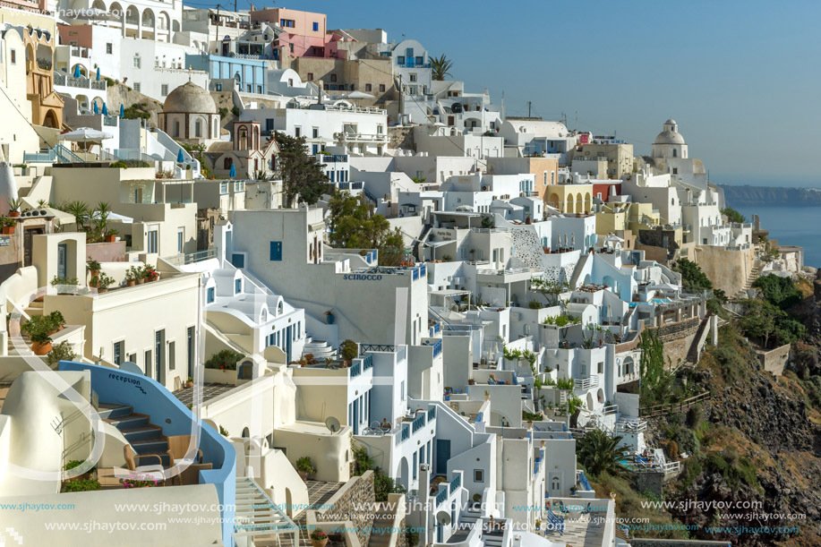 White houses in Fira, Santorini island, Thira, Cyclades, Greece