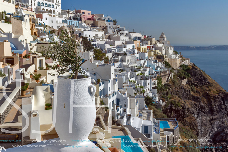 Panoramic view of White houses in Fira, Santorini island, Thira, Cyclades, Greece