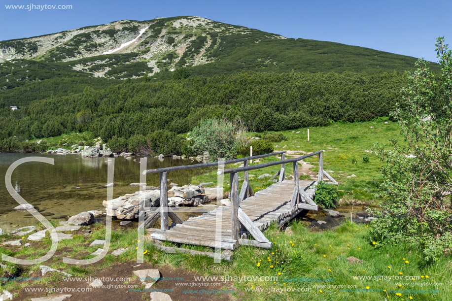 wooden bridge over river in Pirin Mountain, Bezbog lake and peak, Bulgaria
