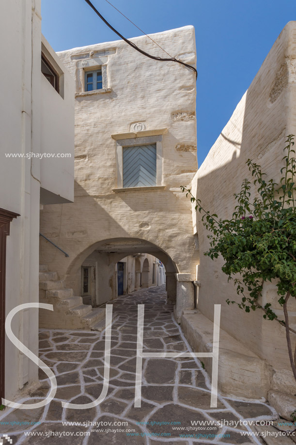 Typical white house in town of Parakia, Paros island, Cyclades, Greece