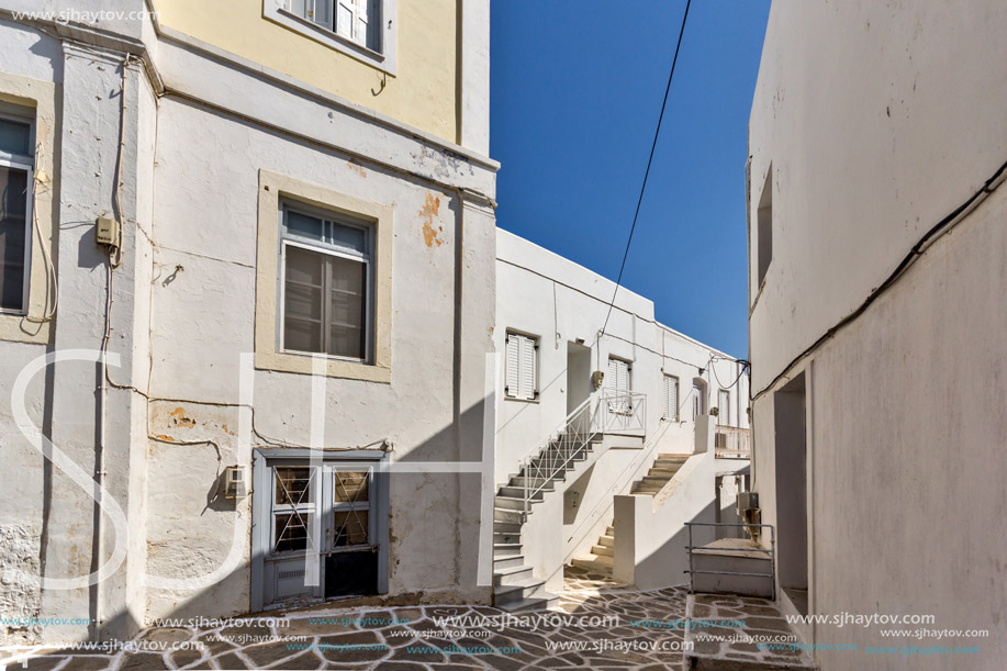white houses with flowers in town of Parakia, Paros island, Cyclades, Greece