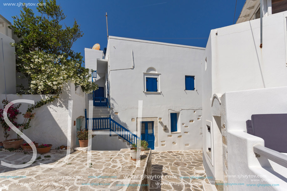 Typical street in town of Parakia, Paros island, Cyclades, Greece