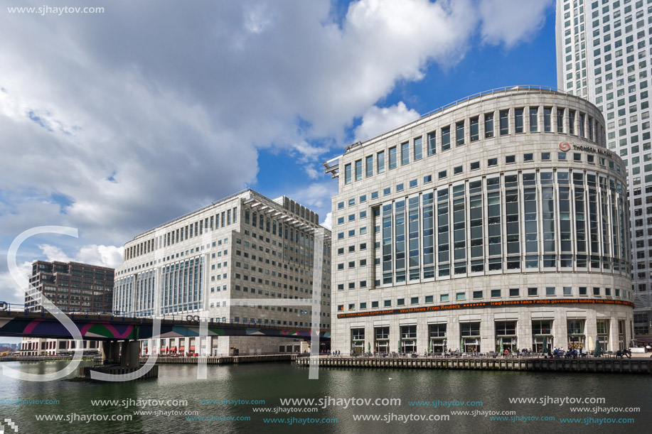 LONDON, ENGLAND - JUNE 17 2016: Business building and skyscraper in Canary Wharf, London, England, Great Britain