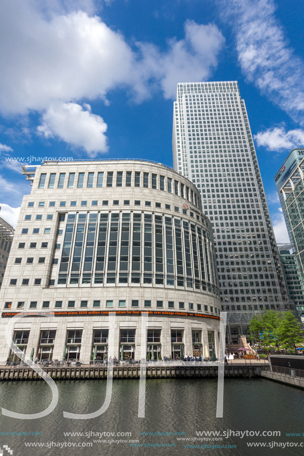 LONDON, ENGLAND - JUNE 17 2016: Business building and skyscraper in Canary Wharf, London, England, Great Britain