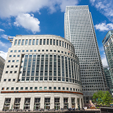 LONDON, ENGLAND - JUNE 17 2016: Business building and skyscraper in Canary Wharf, London, England, Great Britain