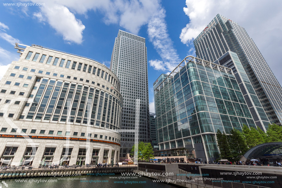LONDON, ENGLAND - JUNE 17 2016: Business building and skyscraper in Canary Wharf, London, England, Great Britain