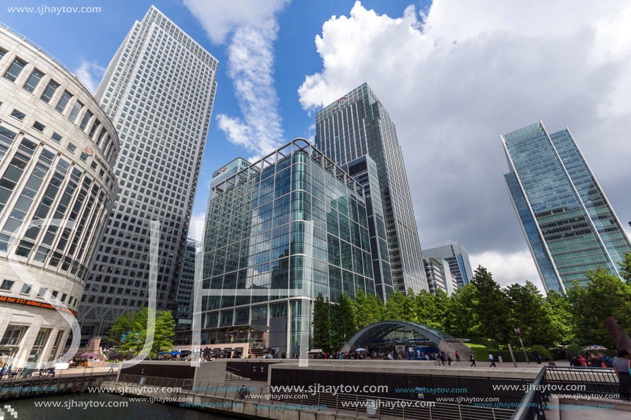 LONDON, ENGLAND - JUNE 17 2016: Business building and skyscraper in Canary Wharf, London, England, Great Britain