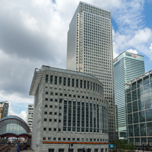 LONDON, ENGLAND - JUNE 17 2016: Business building and skyscraper in Canary Wharf, London, England, Great Britain