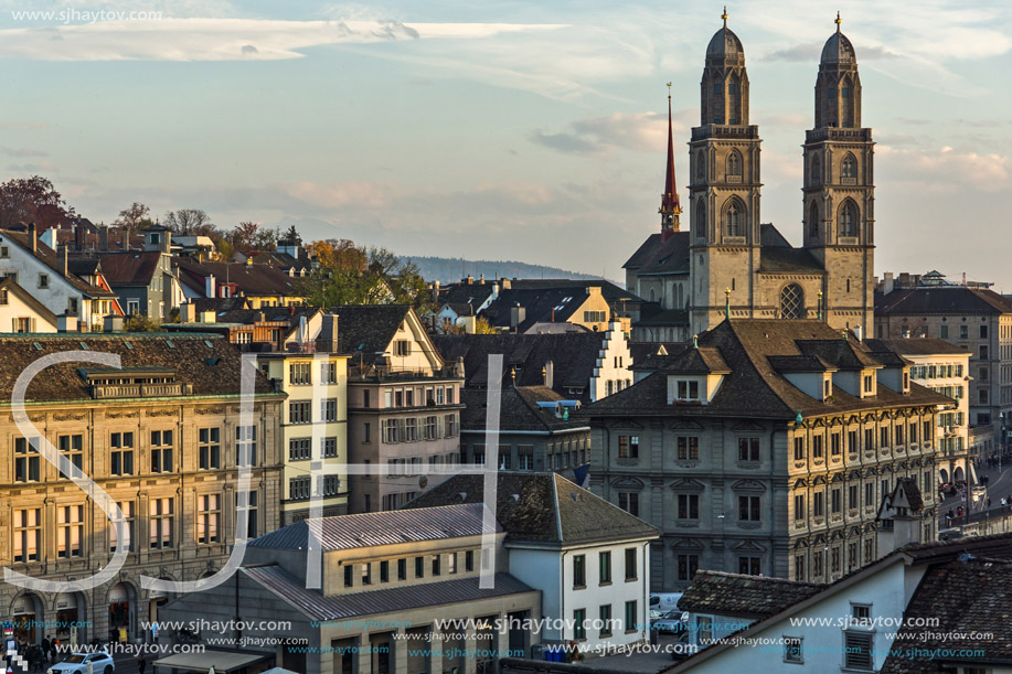 ZURICH, SWITZERLAND - 28 OCTOBER 2015 : Panorama of city of Zurich and Limmat River, Switzerland