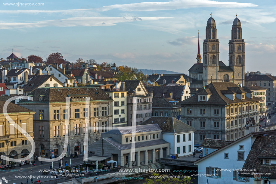 ZURICH, SWITZERLAND - 28 OCTOBER 2015 : Panorama of city of Zurich and Limmat River, Switzerland