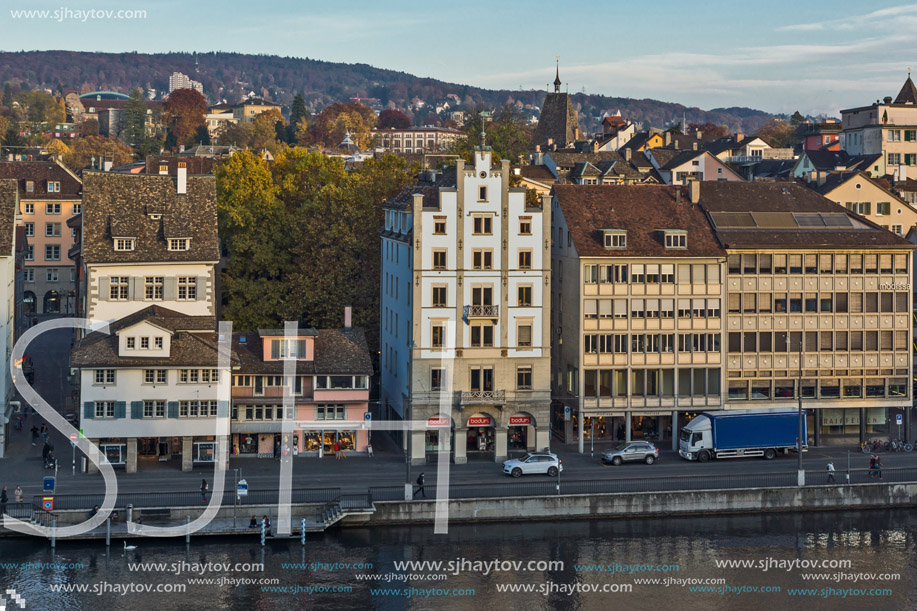 ZURICH, SWITZERLAND - 28 OCTOBER 2015 : Panorama of city of Zurich and Limmat River, Switzerland