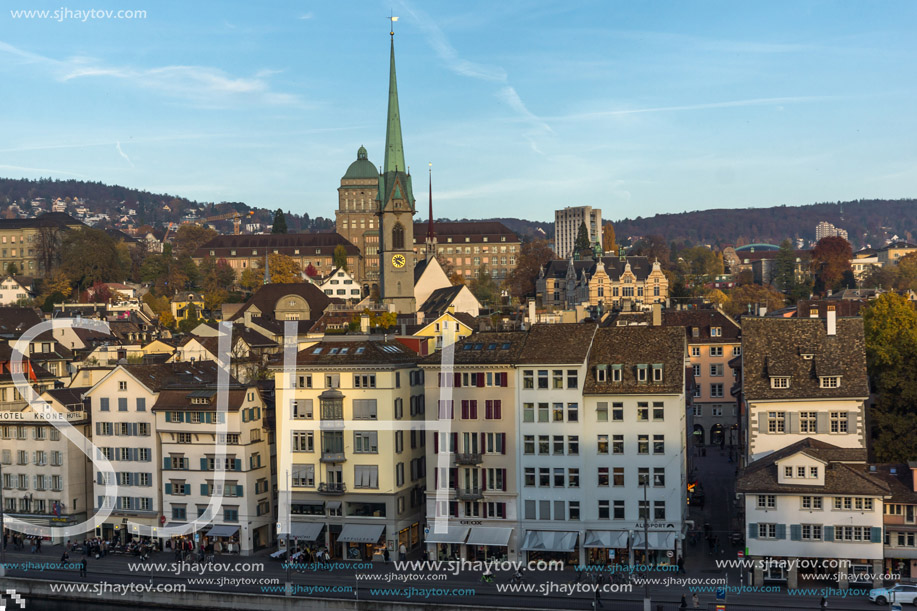 ZURICH, SWITZERLAND - 28 OCTOBER 2015 : Panorama of city of Zurich and Limmat River, Switzerland