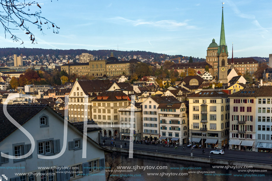 ZURICH, SWITZERLAND - 28 OCTOBER 2015 : Panorama of city of Zurich and Limmat River, Switzerland