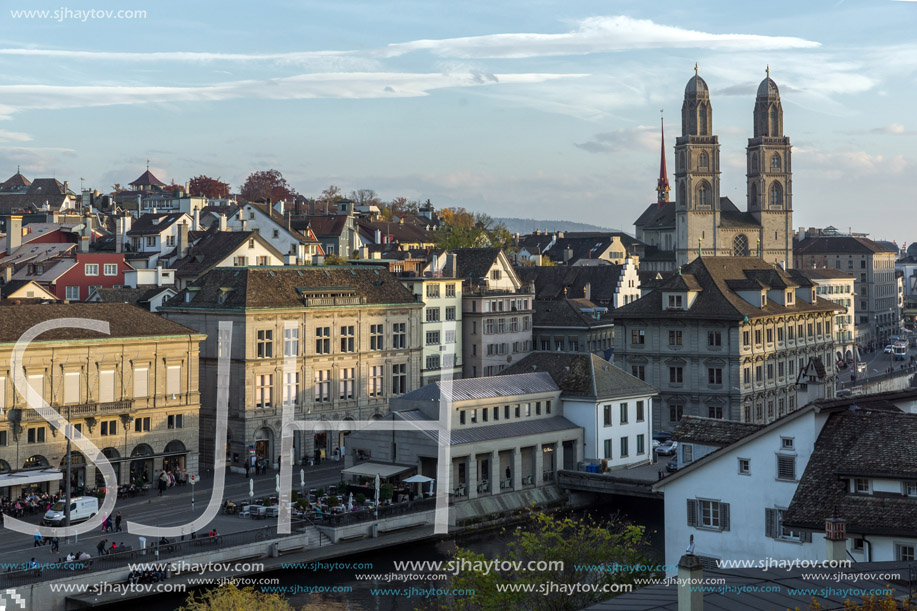 ZURICH, SWITZERLAND - 28 OCTOBER 2015 : Panorama of city of Zurich and Limmat River, Switzerland