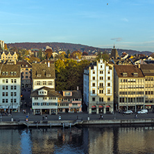ZURICH, SWITZERLAND - 28 OCTOBER 2015 : Panorama of city of Zurich and Limmat River, Switzerland