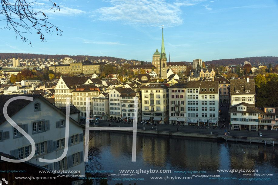 ZURICH, SWITZERLAND - 28 OCTOBER 2015 : Panorama of city of Zurich and Limmat River, Switzerland