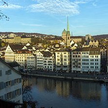 ZURICH, SWITZERLAND - 28 OCTOBER 2015 : Panorama of city of Zurich and Limmat River, Switzerland