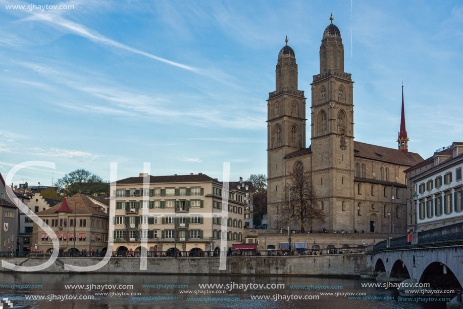 ZURICH, SWITZERLAND - 28 OCTOBER 2015 : Grossmunster church in Limmat River, City of Zurich, Switzerland