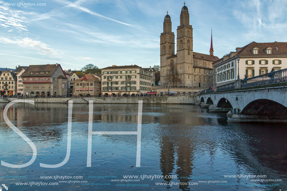 ZURICH, SWITZERLAND - 28 OCTOBER 2015 : Grossmunster church in Limmat River, City of Zurich, Switzerland