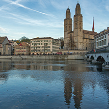 ZURICH, SWITZERLAND - 28 OCTOBER 2015 : Grossmunster church in Limmat River, City of Zurich, Switzerland