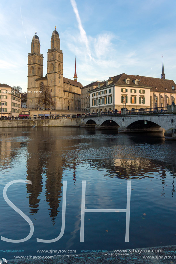 ZURICH, SWITZERLAND - 28 OCTOBER 2015 : Grossmunster church in Limmat River, City of Zurich, Switzerland