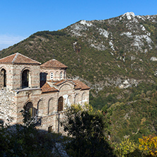 Amazing view of Church of the Holy Mother of God in Asen"s Fortress and Rhodopes mountain, Asenovgrad, Plovdiv Region, Bulgaria